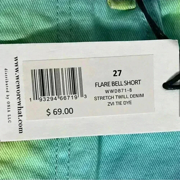 We Wore What Flare Bell Shorts, Stretch Twill Denim in Zvi Tie Tye. Size 27. NWT - Picture 6 of 15